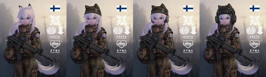 1girl absurdres animal_ears assault_rifle blue_eyes brown_gloves camouflage camouflage_jacket camouflage_pants chinese_text combat_helmet fang_zhenjun finland finnish_army finnish_flag finnish_text gloves gun headset helmet highres holding holding_gun holding_weapon jacket knit_hat long_hair long_sleeves magazine_(weapon) original outdoors pants rifle rk95 scope smile standing tactical_clothes tail variations weapon white_hair