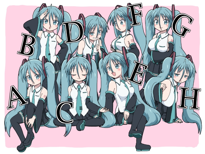 6+girls alternate_breast_size aqua_eyes aqua_hair aqua_necktie black_footwear boots breasts closed_eyes commentary_request crossed_legs detached_sleeves flat_chest hair_between_eyes half-closed_eye hand_on_own_hip hatsune_miku indian_style invisible_chair large_breasts meditation medium_breasts mikazuki_neko miniskirt multiple_girls multiple_persona naughty_face necktie number_tattoo open_mouth pleated_skirt shirt shoulder_tattoo sideboob sitting skirt sleeveless sleeveless_shirt small_breasts smile tattoo thigh_boots vocaloid