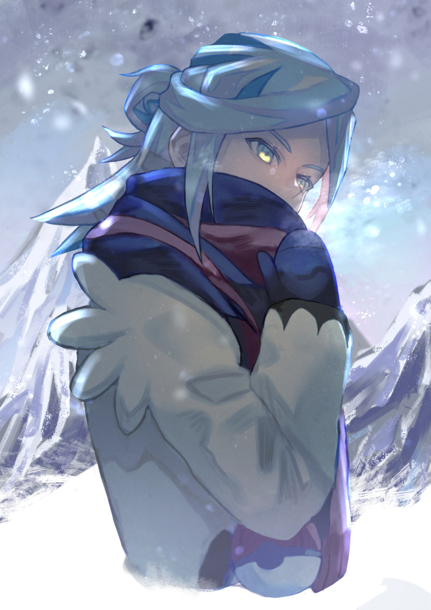 1boy blue_mittens blue_scarf commentary_request creatures_(company) from_side game_freak grusha_(pokemon) highres jacket long_hair long_sleeves male_focus mittens mountain nintendo outdoors poke_ball_print pokemon pokemon_sv scarf scarf_over_mouth snowing solo tomaton_(t_0) yellow_jacket