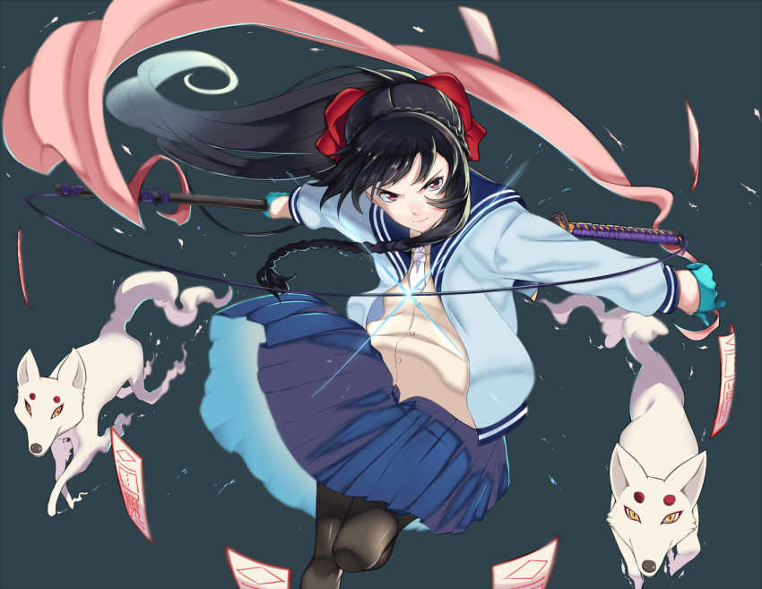 1girl black_hair bow gloves hai_ookami hair_bow holding holding_weapon japanese_clothes katana long_hair miko original school_uniform skirt solo spirit sword talisman thighhighs weapon wolf