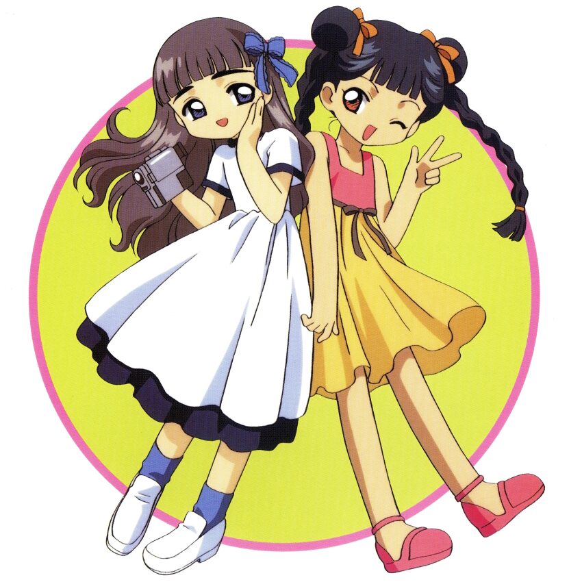 2girls absurdres blue_ribbon blue_socks camera cardcaptor_sakura child daidouji_tomoyo dress happy highres holding holding_camera li_meiling multiple_girls official_art one_eye_closed open_mouth orange_ribbon ribbon scan skirt socks v video_camera white_dress white_footwear yellow_skirt