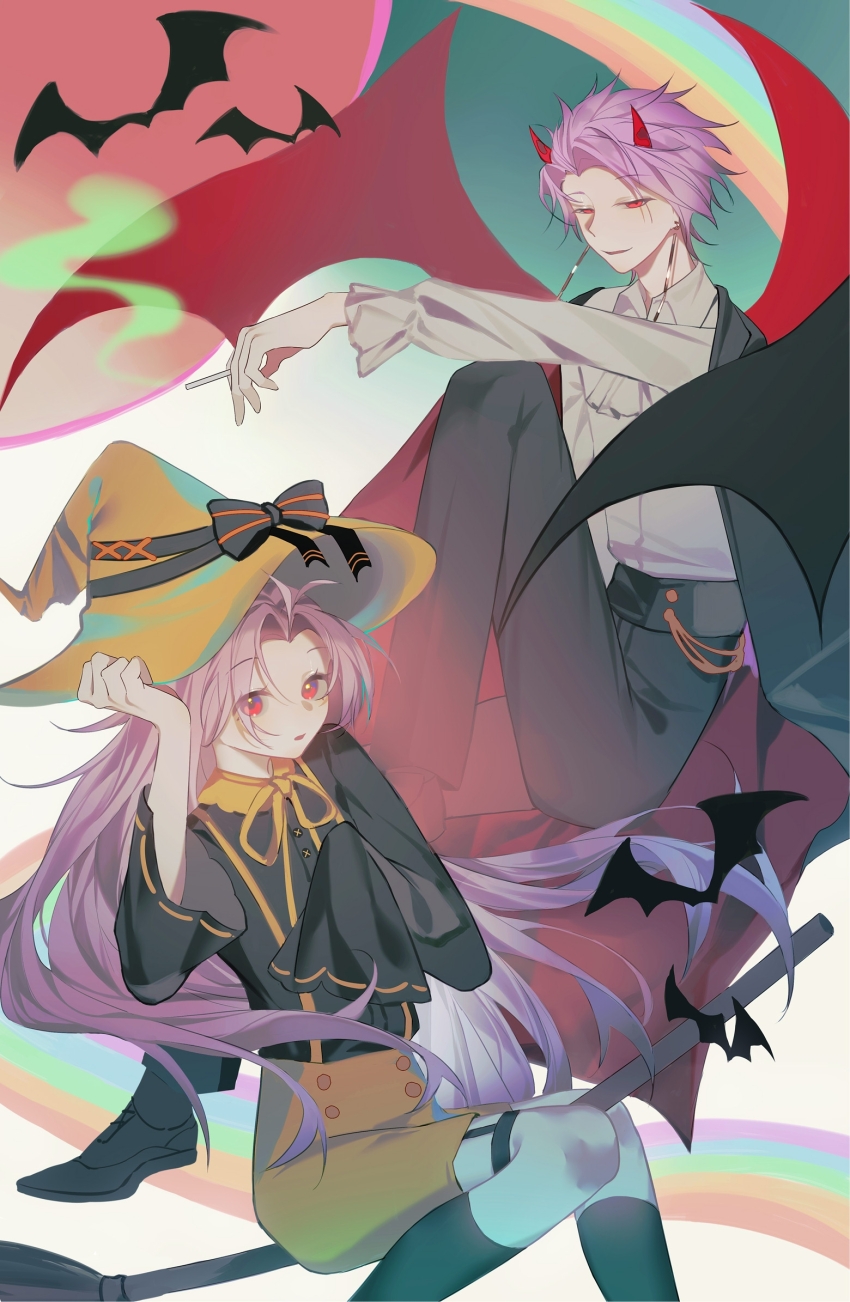 2boys alternate_costume black_bow black_cape black_pants black_socks bow broom broom_riding cape chinese_commentary collared_shirt commentary_request curtained_hair despair_(julilililili) earrings halloween_costume hand_on_headwear hat hat_bow hatsutori_hajime highres horns jewelry long_hair long_sleeves male_focus multiple_boys neck_ribbon orange_hat orange_ribbon orange_shorts pants parted_bangs pink_hair red_eyes red_horns ribbon saibou_shinkyoku shirt short_hair shorts sitting smile socks suspender_shorts suspenders theodore_riddle thigh_strap two-sided_cape two-sided_fabric very_long_hair white_shirt wing_cape witch_hat