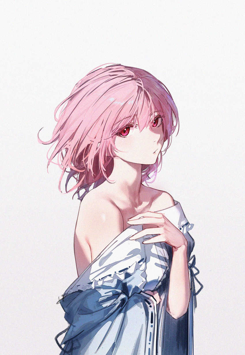 1girl absurdres bare_shoulders blue_dress commentary dress grey_background highres hs_(user_hvww8443) looking_at_viewer off_shoulder pink_eyes pink_hair portrait saigyouji_yuyuko short_hair solo touhou upper_body