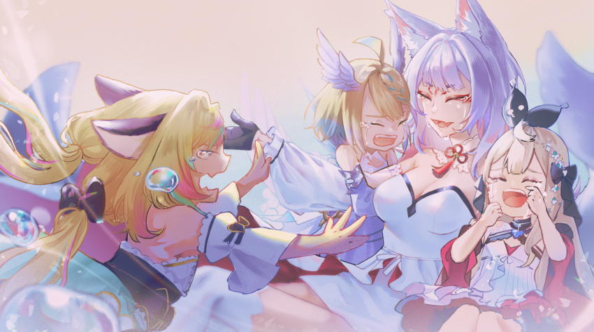 4girls :d animal_ear_fluff animal_ears bare_shoulders black_gloves blanfu blonde_hair breasts commentary crying detached_sleeves dress enna_alouette ethyria facial_mark fox_ears fox_tail gloves head_wings highres large_breasts long_hair long_sleeves millie_parfait multiple_girls multiple_tails nijisanji nijisanji_en nina_kosaka open_mouth puffy_detached_sleeves puffy_sleeves reimu_endou simple_background smile strapless strapless_dress tail tears virtual_youtuber white_dress white_hair wings