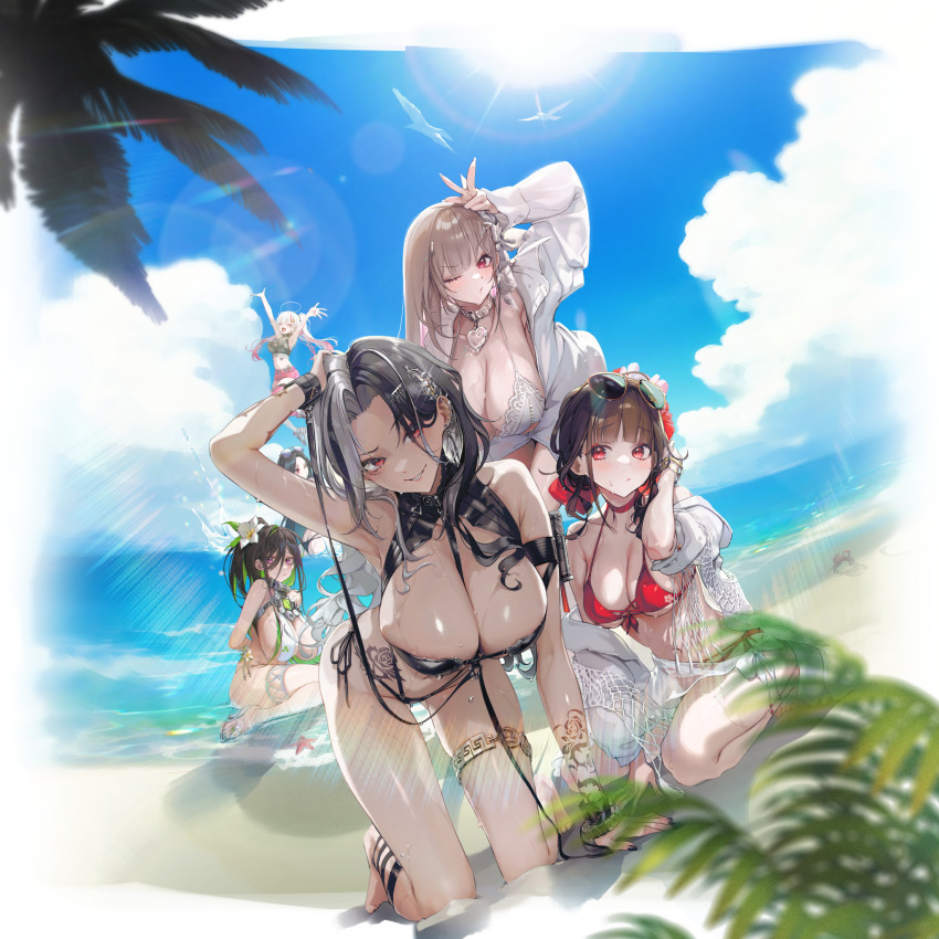 4girls artist_request beach between_breasts blush breasts choker cleavage cloud eyewear_on_head goddess_of_victory:_nikke guilty_(nikke) guilty_(wave_of_disbelief)_(nikke) hair_ornament hand_on_own_head highres jackal_(nikke) jewelry kneeling large_breasts maiden_(nikke) maiden_(under_the_sun)_(nikke) multicolored_hair multiple_girls non-web_source ocean official_art one_eye_closed rosanna_(chic_ocean)_(nikke) rosanna_(nikke) sakura_(bloom_in_summer)_(nikke) sakura_(nikke) sidelocks thighlet two-tone_hair viper_(nikke) viper_(shine_of_love)_(nikke) wrist_tattoo