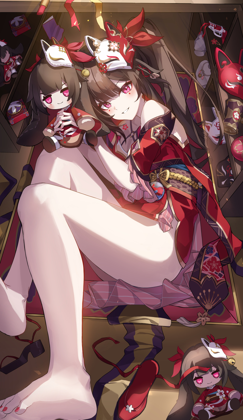 1girl absurdres bare_legs bare_shoulders barefoot black_sash brown_hair butterfly-shaped_pupils commentary criss-cross_halter dress flower_tattoo fox_mask halterneck highres holding holding_stuffed_toy honkai:_star_rail honkai_(series) long_hair looking_at_viewer mark_under_both_eyes mask mask_on_head o-ring pelvic_curtain pink_eyes push-button red_dress red_nails red_sleeves sandals sash sirina smile soles solo sparkle_(doll)_(honkai:_star_rail) sparkle_(honkai:_star_rail) stuffed_toy symbol-shaped_pupils tattoo toes twintails unworn_sandals very_long_hair