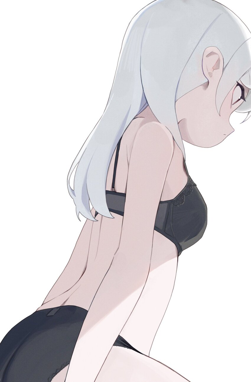 1girl black_bra black_panties bra breasts closed_mouth grey_hair highres hiroki_(yyqw7151) long_hair original panties simple_background sitting small_breasts solo underwear underwear_only white_background