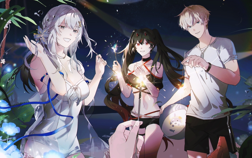 1boy 2girls absurdres black_hair black_shorts braid cino_(cappuccino) dog_tags fake_horns flower gradient_hair grey_eyes grey_hair grey_one-piece_swimsuit hair_flower hair_ornament highres horns how_are_you_that_small_(meme) lee_(pgr) liv:_eclipse_(pgr) liv_(pgr) long_hair lucia:_plume_(pgr) lucia_(pgr) meme multicolored_hair multiple_girls navel one-piece_swimsuit punishing:_gray_raven red_eyes red_hair see-through_clothes shirt short_shorts short_sleeves shorts streaked_hair swimsuit twintails very_long_hair white_shirt x_hair_ornament