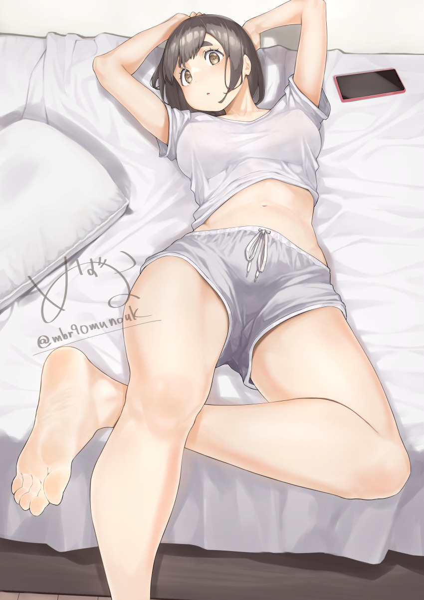 1girl absurdres barefoot bed black_hair cellphone feet highres looking_at_viewer maburoku medium_hair parted_lips phone shirt shorts smartphone soles t-shirt toes