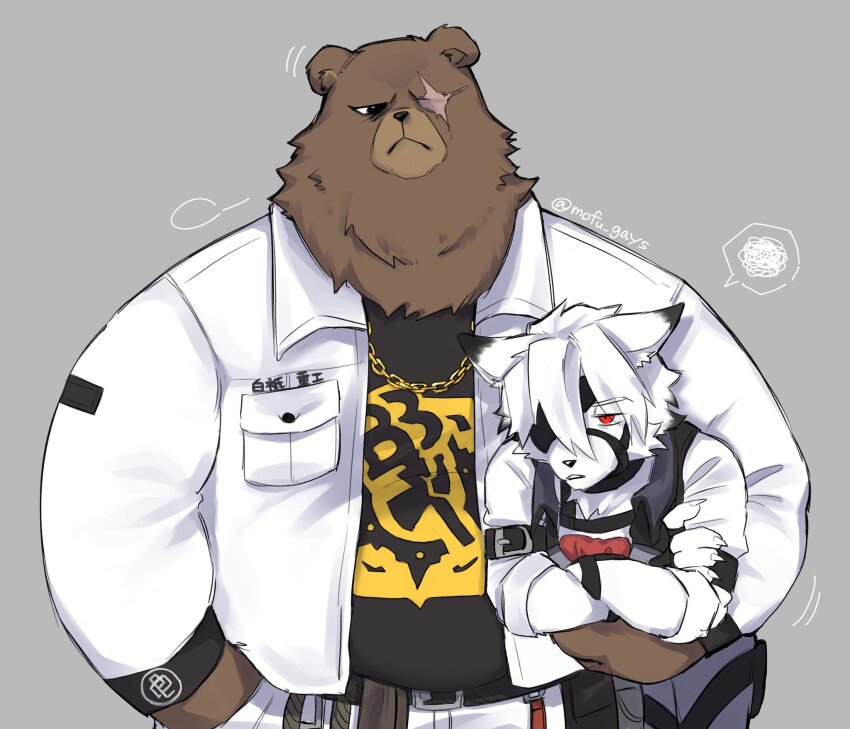 2boys animal_ears ascot bear_boy bear_ears belly belt ben_bigger black_belt black_shirt carrying carrying_person chain chain_necklace claws commentary_request crossed_arms eyepatch fat furry furry_male grey_background grey_pants grey_vest hand_in_pocket highres jacket jewelry looking_at_another male_focus mofu_gays multiple_boys necklace one_eye_covered pants red_ascot red_eyes scar scar_across_eye shirt sleeves_rolled_up speech_bubble spoken_squiggle squiggle tool_belt twitter_username vest von_lycaon white_jacket white_pants white_shirt wolf_boy wolf_ears zenless_zone_zero