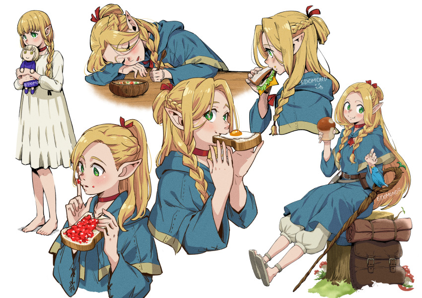 1girl aged_down ambrosia_(dungeon_meshi) artist_name backpack bag bedroll belt blue_robe braid bread bread_slice character_doll dungeon_meshi eating edomon-do elf falin_touden food food_on_face fried_egg fried_egg_on_toast green_eyes hand_up highres holding holding_spoon marcille_donato multiple_views mushroom pajamas pointy_ears robe sitting sitting_on_tree_stump sleeping smile soup spoon stuffed_toy toast twin_braids twintails two_side_up unworn_backpack unworn_bag white_background white_pajamas