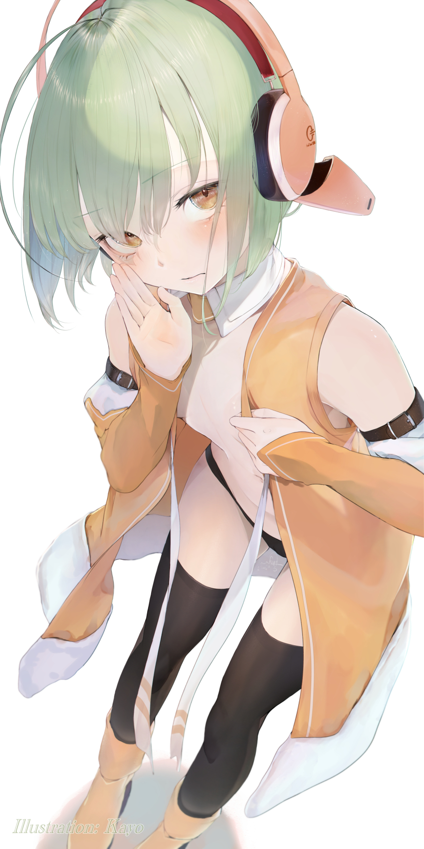 1girl absurdres ahoge armpits bare_shoulders black_panties black_thighhighs blush boots breasts chunithm detached_collar detached_sleeves finger_to_mouth from_above full_body green_hair hair_between_eyes hand_to_own_mouth headphones highres kisaragi_yaya looking_at_viewer navel no_bra open_clothes orange_eyes orange_footwear orange_headphones orange_shirt panties parted_lips shirt short_hair shushing signature sky_feather_(chunithm) sleeveless small_breasts solo standing thighhighs thighs underwear untied_ribbon