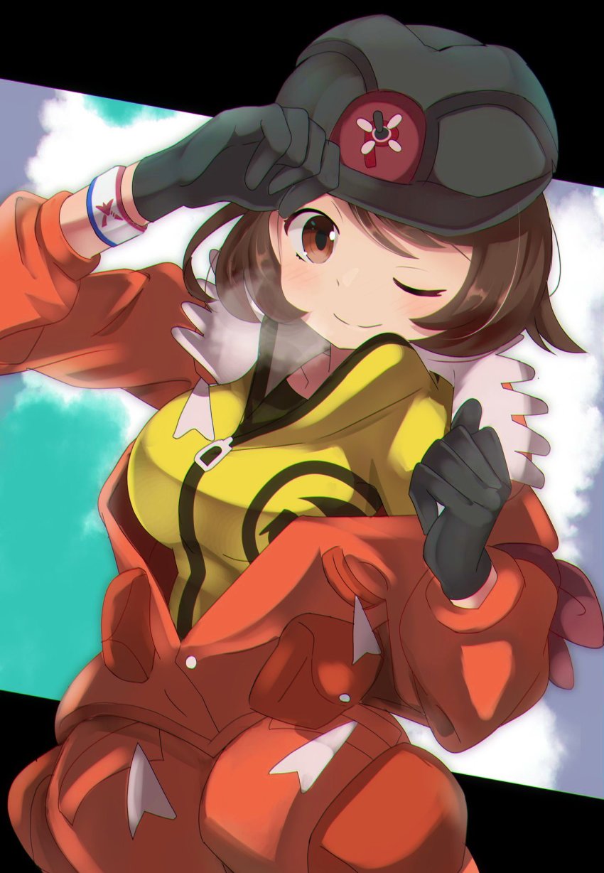 1girl black_gloves black_headwear blush bob_cut breasts brown_eyes brown_hair closed_mouth commentary_request creatures_(company) dynamax_band expedition_uniform eyelashes game_freak gloria_(pokemon) gloves hand_on_headwear helmet highres jacket master_dojo_uniform nintendo one_eye_closed orange_jacket orange_pants pants pokemon pokemon_swsh smile solo umiru zipper_pull_tab