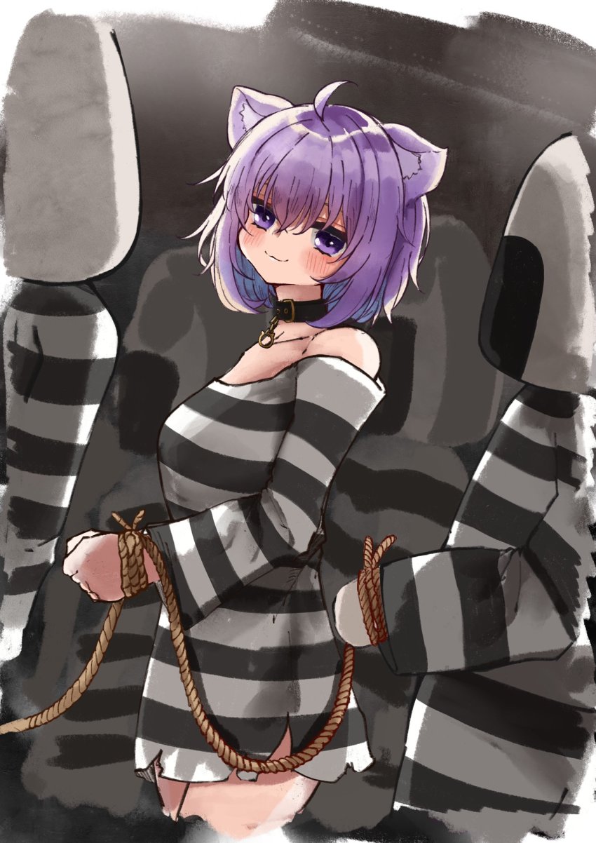 1girl 4others :3 ahoge animal_collar animal_ears blush bound bound_wrists cat_ears cat_girl collar food hair_between_eyes highres hololive looking_at_viewer multicolored_clothes multiple_others nekomata_okayu onigiri onigirya_(nekomata_okayu) prison_clothes prisoner purple_eyes purple_hair rope short_hair smile solo_focus striped_clothes virtual_youtuber whcamellia00