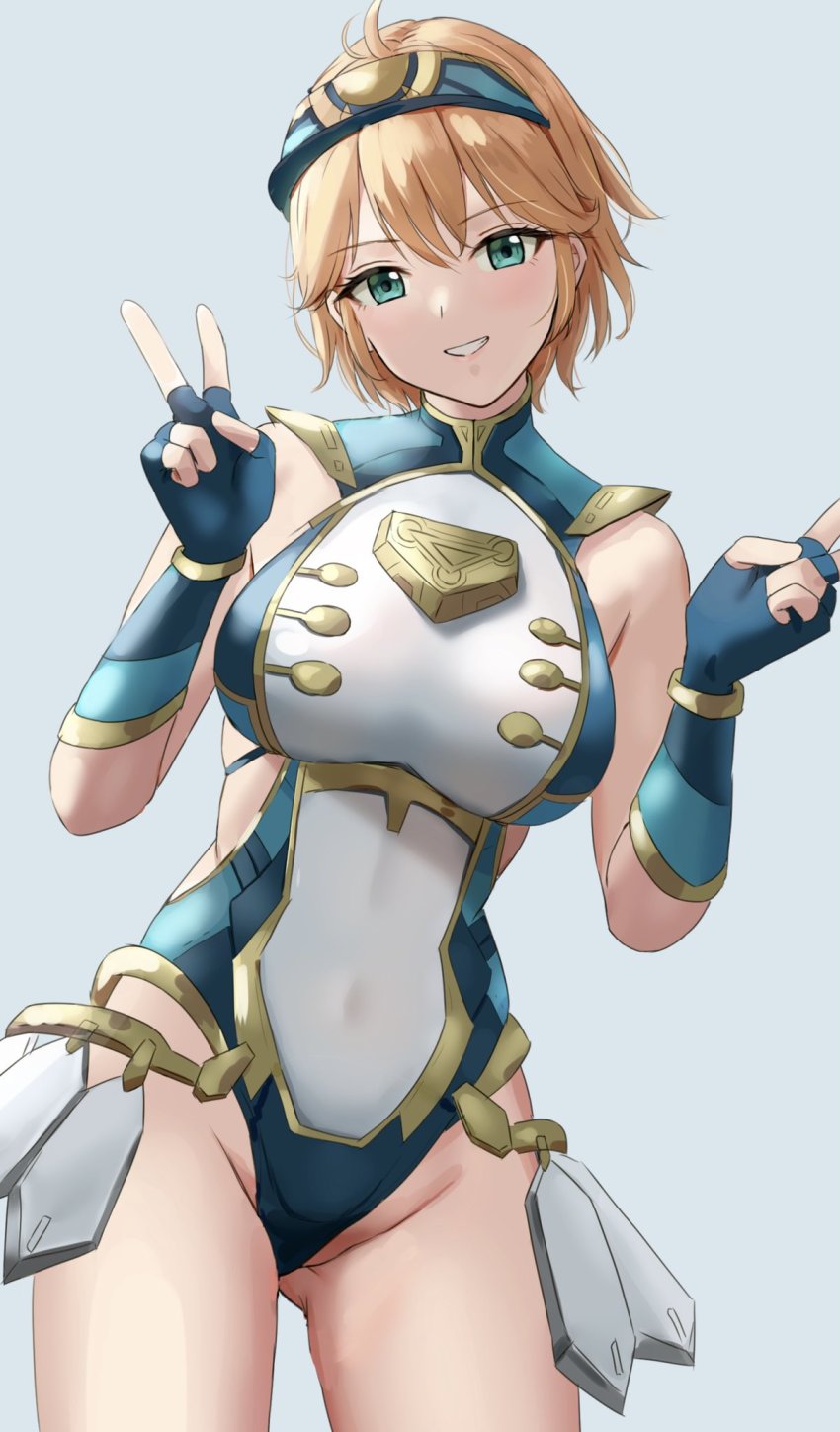 1girl amayo_thranana blonde_hair blush breasts cleavage cyborg double_v fiora_(xenoblade) gloves green_eyes highres large_breasts leotard looking_at_viewer short_hair simple_background smile solo spoilers thighs v xenoblade_chronicles_(series) xenoblade_chronicles_1