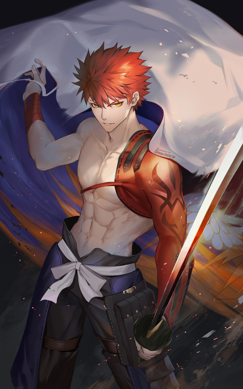 1boy abs artist_name black_background black_pants cape closed_mouth cowboy_shot darkavey embers fate/grand_order fate_(series) hand_up highres holding holding_sword holding_weapon igote japanese_clothes katana looking_at_viewer male_focus pants pectorals red_hair senji_muramasa_(fate) topless_male short_hair solo standing sword toned toned_male weapon white_cape wrist_wrap yellow_eyes