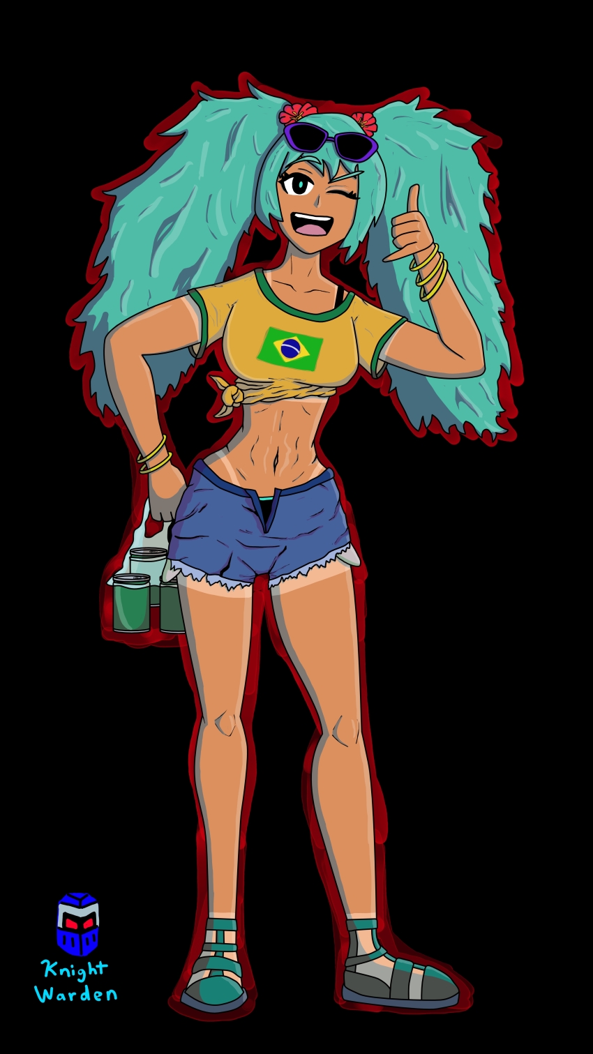 1girl absurdres black_background black_bra black_underwear_(female) blue_hair bra bracelet brazil brazilian_flag brazilian_miku can denim denim_shorts drink_can flower hand_on_own_hip happy hatsune_miku highres jewelry knight_warden kw_artz messy_hair one_eye_closed red_flower sandals shirt shorts smile soda_can sunglasses sunglasses_on_head tan tank_top tanline tied_shirt twintails underwear wink yellow_shirt