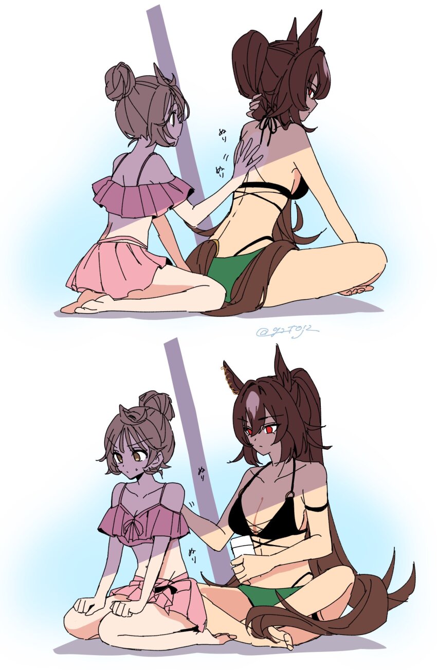 2girls animal_ears applying_sunscreen armband bare_shoulders barefoot bikini bikini_skirt black_bikini breasts brown_eyes brown_hair cleavage clenched_hands closed_mouth female_trainer_(umamusume) frilled_bikini frills hair_bun highres holding holding_own_hair horse_ears horse_girl horse_tail indian_style large_breasts long_hair mismatched_bikini multiple_girls parasol pink_bikini red_eyes seiza short_hair sirius_symboli_(umamusume) sitting small_breasts sweatdrop swimsuit tail toji_(y2toj2) trainer_(umamusume) twitter_username umamusume umbrella v-shaped_eyebrows