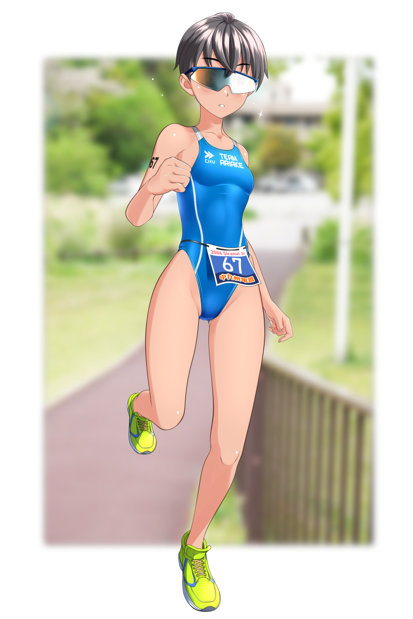 1girl absurdres black_hair blue_one-piece_swimsuit blurry blurry_background breasts brown_eyes clothes_writing commentary_request competition_swimsuit covered_navel full_body green_footwear highleg highleg_one-piece_swimsuit highres large_variant_set one-piece_swimsuit original race_bib railing road running short_hair small_breasts solo sunglasses swimsuit takafumi tomboy triathlon two-tone_swimsuit variant_set