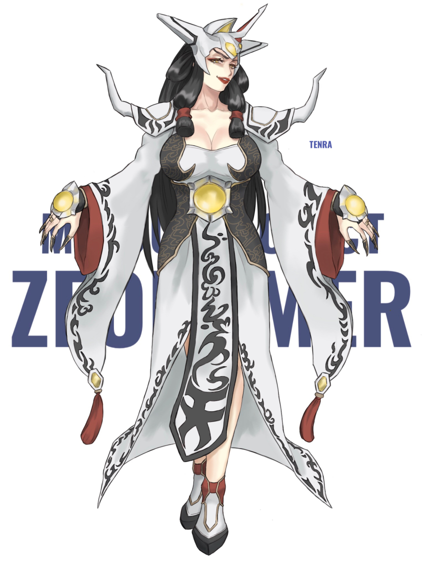 1girl black_hair breasts character_name chinese_commentary cleavage copyright_name dress eyeshadow hades_project_zeorymer highres horns jinri_shijie large_breasts long_hair looking_down makeup parted_lips personification red_eyeshadow single_horn smile solo white_dress wide_sleeves yellow_eyes zeorymer