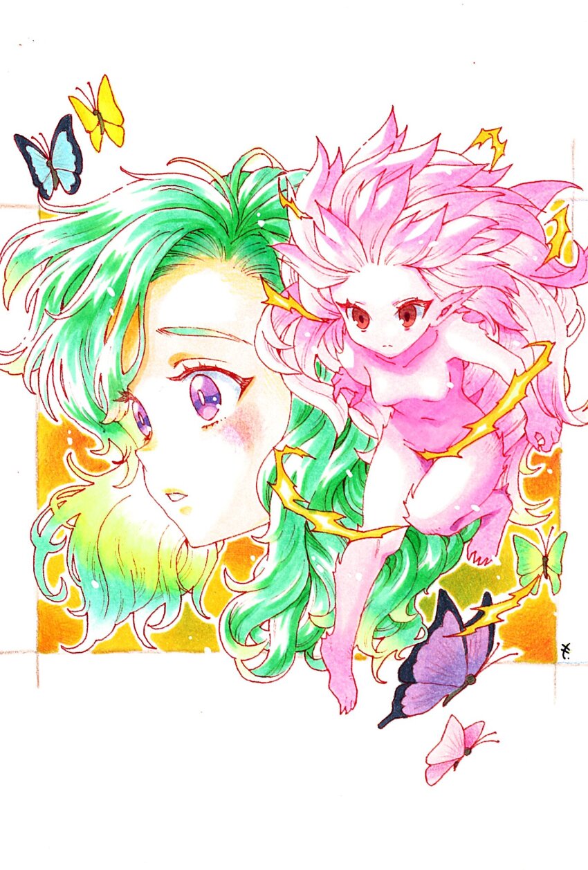 2girls blue_butterfly blush border breasts bug butterfly clawed_feet claws colored_skin dual_persona final_fantasy final_fantasy_vi full_body green_butterfly green_hair highres insect long_hair medium_breasts monster_girl motoko_(taom) multiple_girls orange_background parted_lips pink_butterfly pink_hair pink_skin pointy_ears purple_butterfly purple_eyes red_eyes swept_bangs tina_branford trance_terra_branford upper_body wavy_hair white_border yellow_butterfly