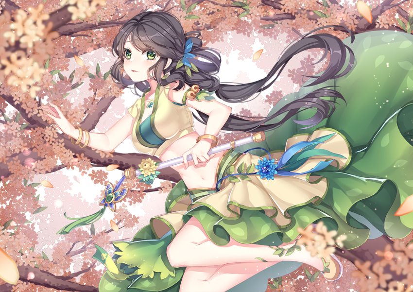 1girl bare_shoulders blurry blush braid breasts chest_tattoo cleavage depth_of_field falling_leaves green_eyes gujian_qitan hair_ornament holding kan_(rainconan) leaf long_hair looking_at_viewer medium_breasts navel original solo tattoo very_long_hair