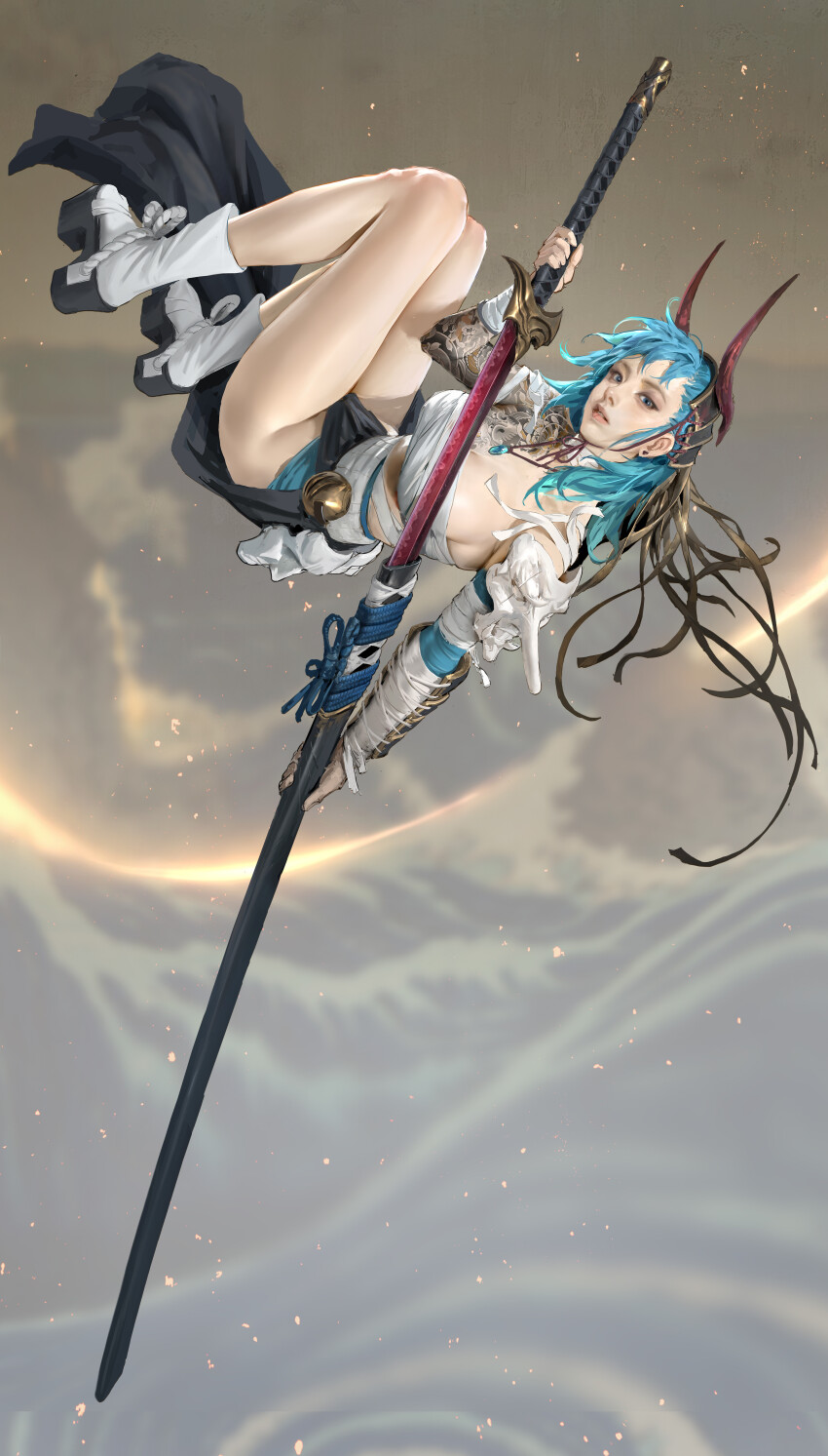 1girl absurdres arm_tattoo bandaged_chest bandages bell blue_eyes blue_hair breasts earrings fake_horns groin highres holding holding_sword holding_weapon horned_headwear horns jewelry katana large_breasts long_hair looking_at_viewer mask original pelvic_curtain platform_footwear sheath socks solo stud_earrings sword tattoo tengu_mask unsheathing vambraces vergilhoo weapon white_socks