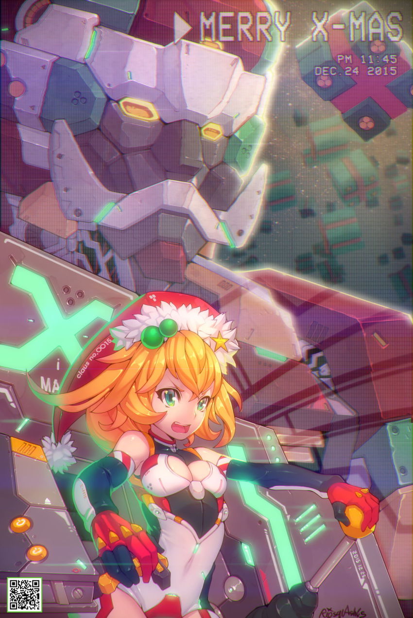 10s 1girl 2015 blonde_hair breasts christmas cleavage_cutout clothing_cutout dated female_focus green_eyes highres large_breasts leotard long_hair mar10 mecha merry_christmas open_mouth qr_code recording robot santa_costume solo