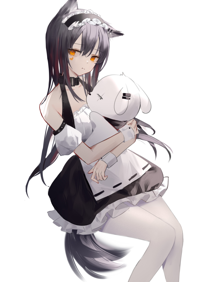 0_(znanimo) 1girl absurdres alternate_costume animal_ears arknights bare_shoulders black_collar black_hair black_hairband character_doll collar detached_sleeves ear_piercing enmaided feet_out_of_frame frilled_hairband frills hairband highres holding holding_stuffed_toy lappland_(arknights) long_hair maid orange_eyes pantyhose piercing puffy_short_sleeves puffy_sleeves short_sleeves simple_background solo stuffed_animal stuffed_rabbit stuffed_toy tail texas_(arknights) white_background white_pantyhose white_sleeves white_wrist_cuffs wolf_ears wolf_girl wolf_tail wrist_cuffs