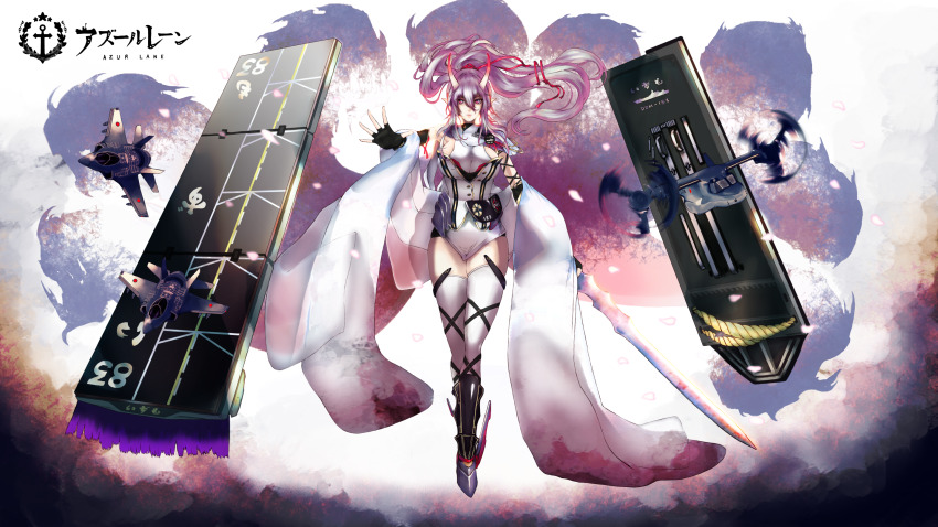 1girl azur_lane black_footwear black_gloves boots breasts commentary_request f-35_lightning_ii fingerless_gloves flight_deck floating_hair full_body gloves hair_between_eyes hair_ribbon highres holding holding_sword holding_weapon horns huge_breasts izumo_(azur_lane) js_izumo_(azur_lane) leotard long_hair outstretched_arm personification purple_hair red_ribbon ribbon setsuka. solo sword thighhighs v-22_osprey very_long_hair weapon white_leotard white_thighhighs