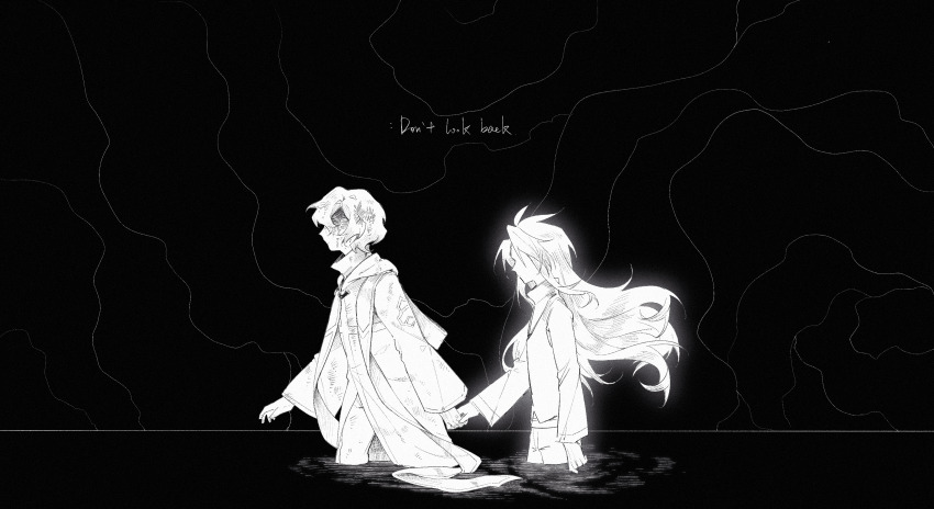 2boys absurdres black_background chinese_commentary coat commentary_request english_text film_grain greyscale hatsutori_hajime highres holding_hands hood hood_down hooded_coat long_hair long_sleeves male_focus monochrome multiple_boys pants saibou_shinkyoku short_hair simian_qiao_gu stole utsugi_noriyuki wading