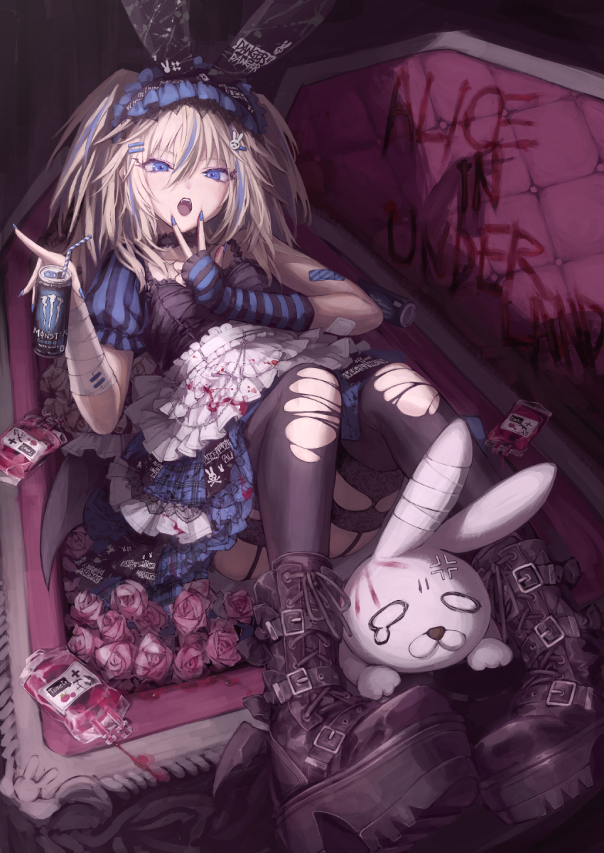 1girl alice_in_wonderland animal_ears bandaged_arm bandages black_footwear black_thighhighs blonde_hair blood blood_on_clothes blue_dress blue_eyes blue_hair coffin dress garter_straps hair_ornament hairband hairclip highres lolita_fashion lolita_hairband long_hair looking_at_viewer multicolored_hair open_mouth original osobachan platform_footwear rabbit rabbit_ears rabbit_hair_ornament striped_clothes striped_dress thighhighs torn_clothes v