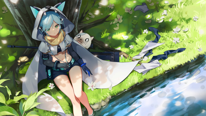 1girl animal_ears animal_hood artist_request bandeau belt belt_pouch black_gloves black_shorts blue_hair cloak cornelia_(girl_cafe_gun) day elbow_gloves fake_animal_ears girl_cafe_gun gloves green_eyes gun gun_on_back headphones highres hood hooded_cloak looking_at_viewer midriff navel official_art outdoors petals pouch rifle short_hair short_shorts shorts sitting sniper_rifle soaking_feet solo stomach strapless stuffed_animal stuffed_cat stuffed_toy thighs tree_shade tube_top water weapon weapon_on_back