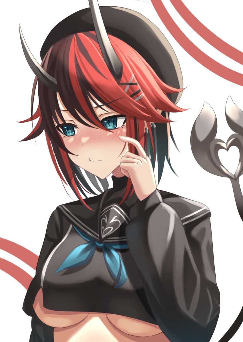 1girl balflear_(oe19nlud) beret black_hair black_hat black_serafuku black_shirt blue_eyes blue_neckerchief blush breasts closed_mouth commentary_request demon_girl demon_horns demon_tail ear_piercing hair_ornament hat highres horns large_breasts long_sleeves looking_to_the_side multicolored_hair nanashi_inc. neckerchief nose_blush official_alternate_costume piercing pointy_ears red_hair ryugasaki_rene ryugasaki_rene_(3rd_costume) school_uniform serafuku shirt short_hair solo sugar_lyric tail two-tone_hair underboob upper_body virtual_youtuber white_background x_hair_ornament