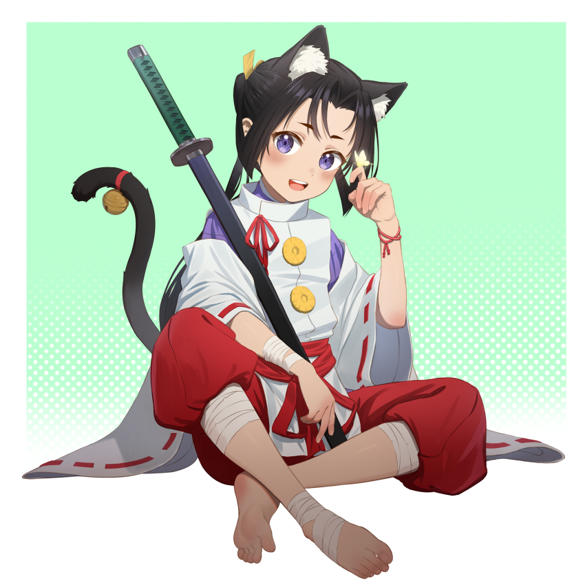 1boy animal_ear_fluff animal_ears barefoot bell ben-day_dots black_hair blush bow bracelet bug butterfly butterfly_on_hand cat_boy cat_ears cat_tail child foot_wraps full_body gradient_background green_background hakama hakama_pants hand_up highres holding holding_sword holding_weapon houjou_tokiyuki_(nige_jouzu_no_wakagimi) insect japanese_clothes jewelry kariginu katana knee_up leg_wrap long_hair long_sleeves looking_at_viewer luye_yuan male_focus motoyui nige_jouzu_no_wakagimi open_mouth pants parted_bangs ponytail purple_eyes red_hakama red_sash ribbon-trimmed_sleeves ribbon_trim sash screentones sheath sheathed sidelocks_tied_back sitting smile solo sword tail tail_bell tail_ornament variant_set weapon wide_sleeves wrist_wrap