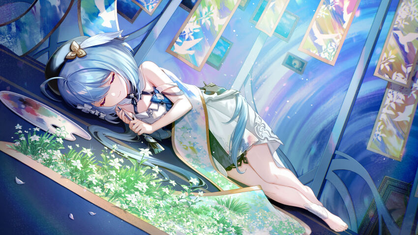 1girl absurdres ahoge amaichi_esora bare_shoulders barefoot beret blue_hair closed_eyes closed_mouth dress flower full_body grass griseo griseo_(starry_impression) hat highres holding holding_brush honkai_(series) honkai_impact_3rd long_hair lying on_side palette_(object) portrait second-party_source sleeping sleeveless sleeveless_dress smile solo toes white_dress white_flower