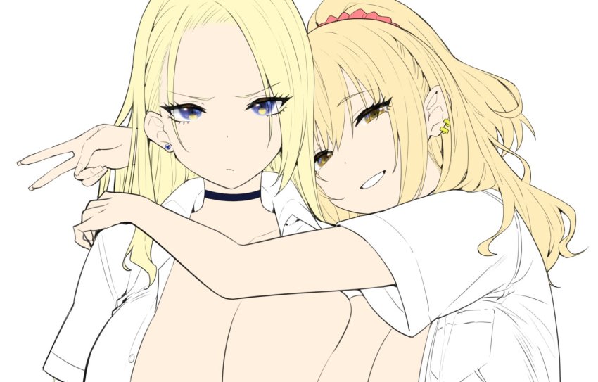 2girls annoyed black_choker blonde_hair yui_(sky-freedom) blue_eyes breasts choker cleavage collared_shirt earrings facing_viewer hair_ornament hair_scrunchie high_ponytail hug jewelry large_breasts long_hair looking_at_viewer multiple_girls no_bra open_clothes open_shirt original rena_(sky-freedom) scrunchie shirt short_sleeves simple_background sky-freedom smile upper_body v white_background white_shirt yui_(sky-freedom)