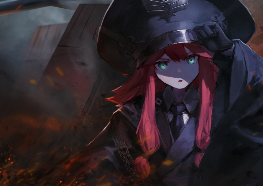 1girl absurdres ash_arms black_gloves black_hat black_necktie embers gloves glowing glowing_eyes green_eyes hair_between_eyes hand_on_headwear hat highres hui_feng large_hat long_hair maus_(ash_arms) necktie open_mouth outdoors red_hair smoke solo upper_body