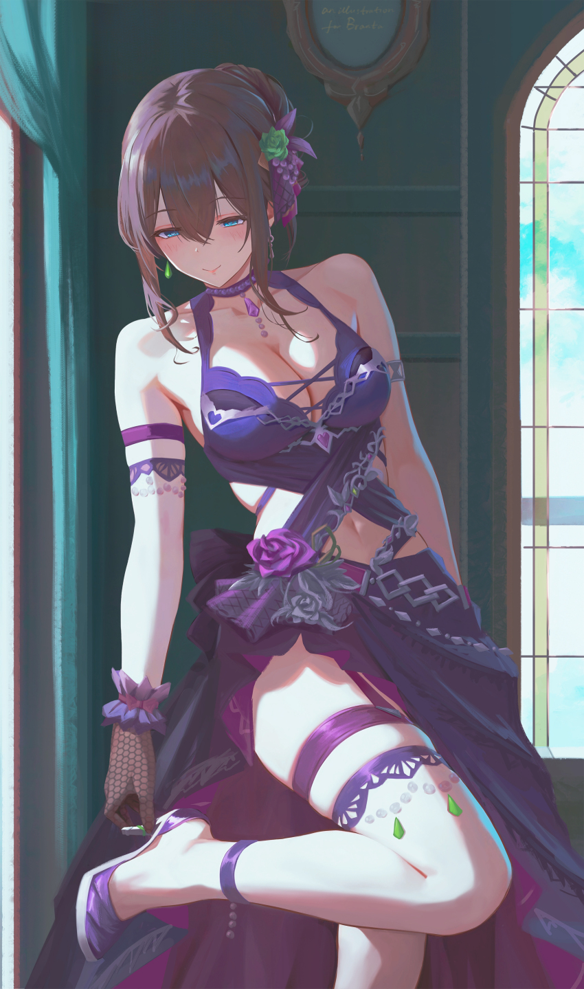 1girl absurdres adjusting_footwear armlet bare_shoulders blue_eyes blush breasts brown_hair cleavage clothing_cutout collarbone commission double-parted_bangs dress fishnet_gloves fishnets foot_out_of_frame gloves high_heels highres idolmaster idolmaster_cinderella_girls indoors jewelry large_breasts legs looking_down medium_breasts navel navel_cutout pixiv_commission purple_dress purple_footwear qingli_ye sagisawa_fumika skindentation sleeveless sleeveless_dress smile solo standing standing_on_one_leg