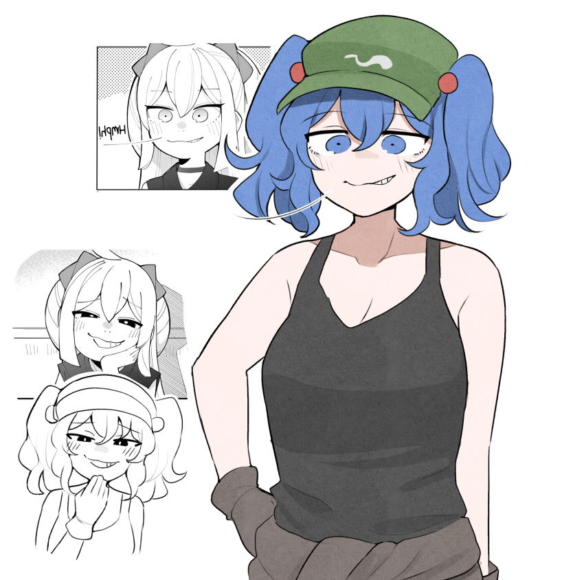 1girl black_tank_top blue_eyes blue_hair breasts brown_gloves cleavage commentary english_commentary flat_cap gloves green_hat hat highres kawashiro_nitori looking_at_viewer mata_(matasoup) multiple_views reference_inset short_hair smug tank_top touhou two_side_up upper_body