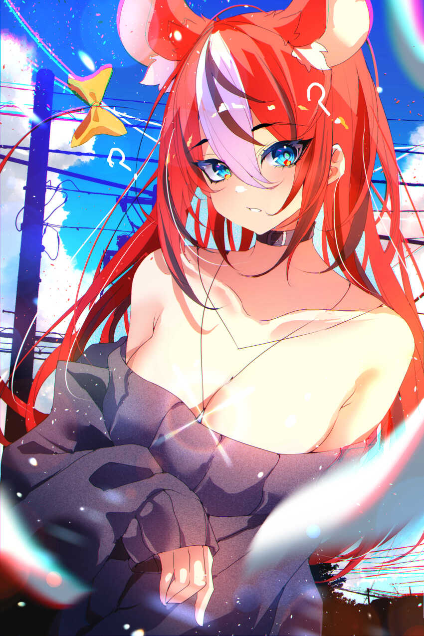 1girl ? absurdres animal_ears bare_shoulders black_hair blue_eyes breasts collar collarbone day extra_ears hair_between_eyes hakos_baelz highres hololive hololive_english jewelry large_breasts long_hair looking_at_viewer mouse_ears mouse_girl multicolored_hair off-shoulder_sweater off_shoulder outdoors pendant pink_hair red_hair solo streaked_hair sweater the0neulost upper_body virtual_youtuber