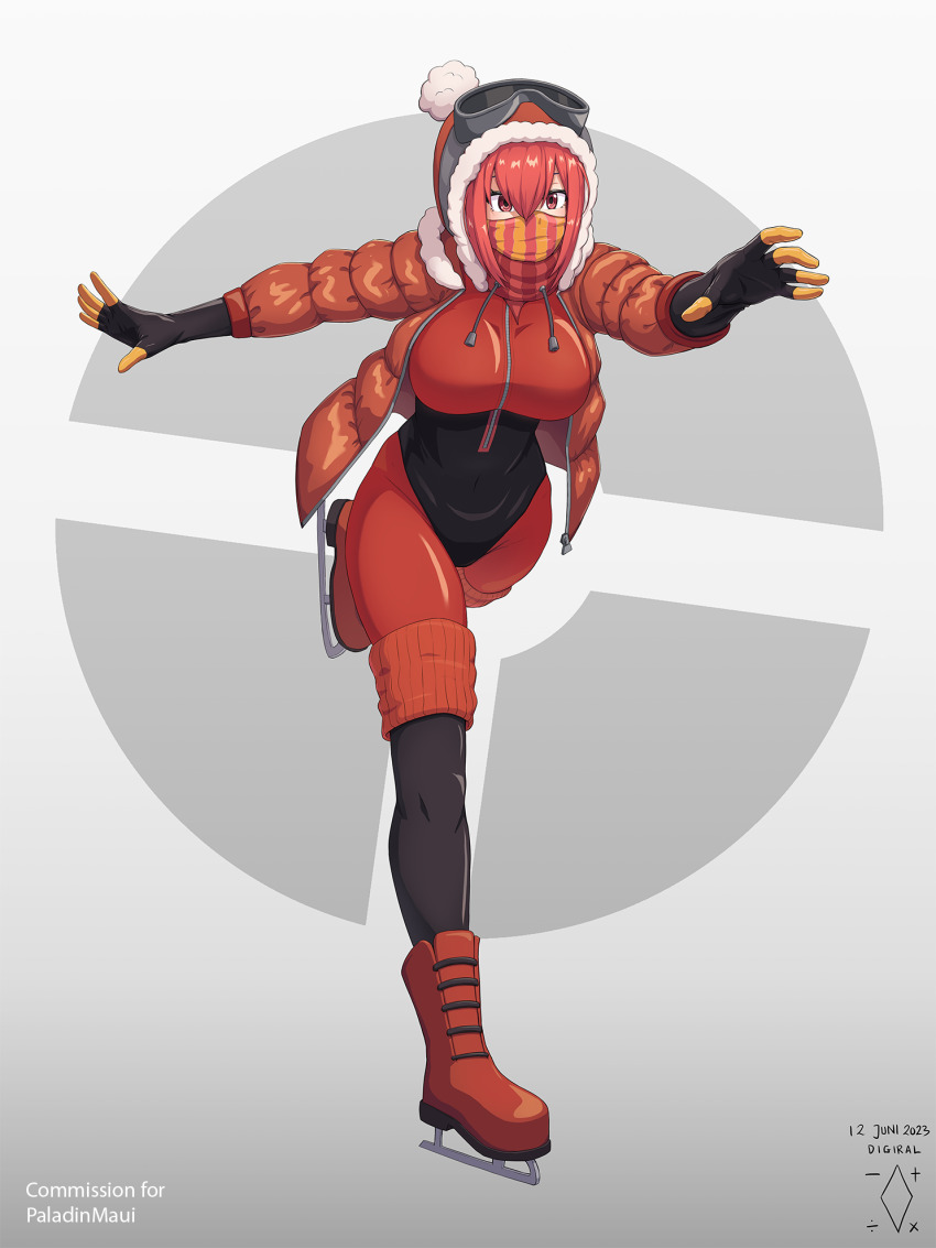 1girl black_footwear black_gloves bodysuit breasts commentary commission digiral english_commentary figure_skating full_body genderswap genderswap_(otf) gloves goggles goggles_on_headwear grey_background highres jacket large_breasts latex latex_bodysuit long_sleeves pom_pom_(clothes) pyro_(tf2) red_bodysuit red_eyes red_footwear red_hair red_jacket red_pyro_(tf2) red_scarf scarf solo standing standing_on_one_leg team_fortress_2 winter_clothes zipper