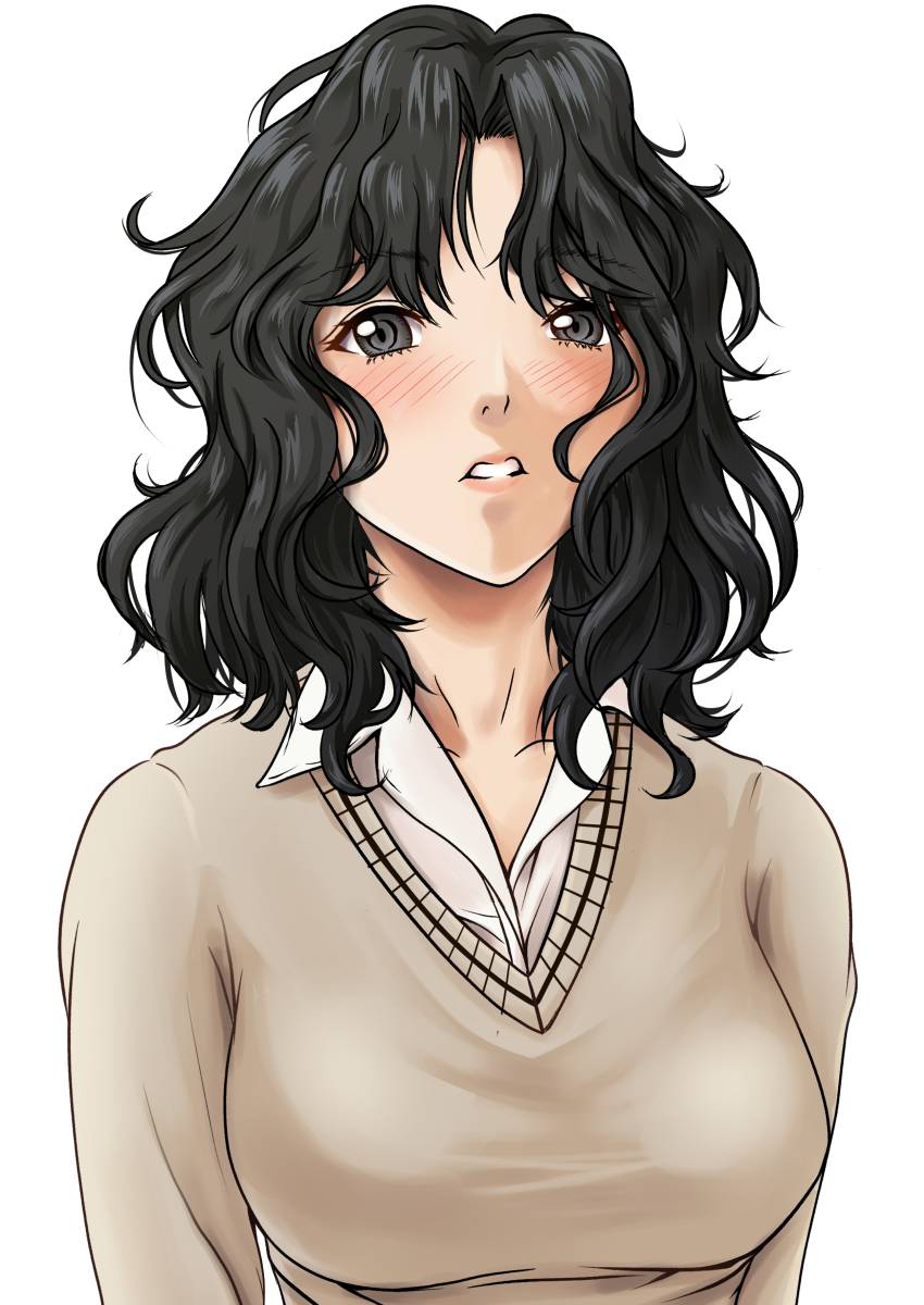 1girl absurdres amagami black_eyes black_hair blush breasts collared_shirt curly_hair curtained_hair grey_sweater highres kibito_high_school_uniform looking_at_viewer medium_breasts messy_hair nito_(mrrx5772) parted_bangs parted_lips ringed_eyes school_uniform shirt simple_background solo sweater tanamachi_kaoru upper_body wavy_hair white_background white_shirt