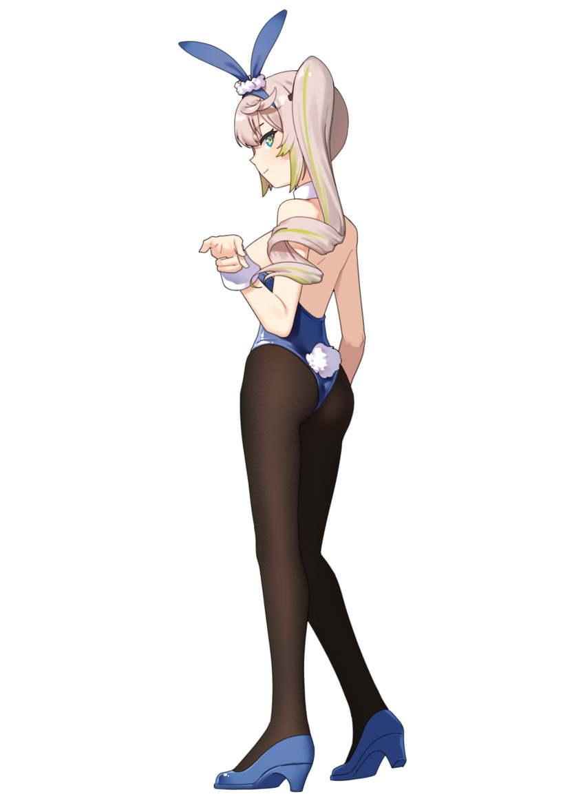 1girl absurdres animal_ears artpatient ass bare_shoulders black_pantyhose blonde_hair blue_eyes blue_footwear breasts girls&#039;_frontline girls&#039;_frontline_2:_exilium green_hair high_heels highres leotard long_hair looking_at_viewer multicolored_hair pantyhose playboy_bunny rabbit_ears rabbit_tail sharkry_(girls&#039;_frontline_2) side_ponytail simple_background smile solo tail two-tone_hair white_background wrist_cuffs