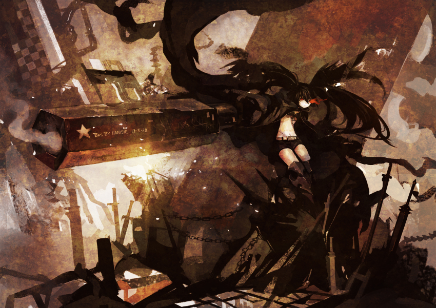 10s 1girl absurdly_long_hair arm_cannon bikini bikini_top_only black_hair black_rock_shooter black_rock_shooter_(character) chain female_focus glowing glowing_eye han_yijie highres long_hair looking_at_viewer midriff red_eyes scar sepia shorts solo swimsuit sword twintails uneven_twintails very_long_hair weapon