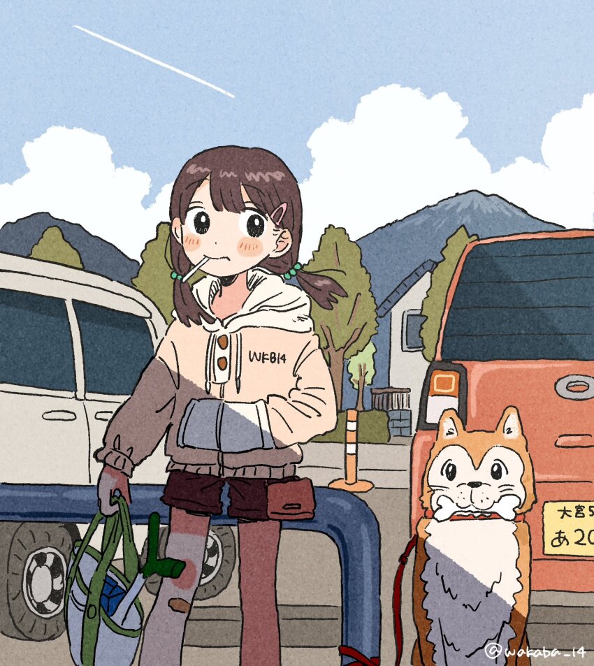 1girl animal bag bandaid bandaid_on_knee bandaid_on_leg black_eyes black_hair black_shorts bone building candy car cloud cloudy_sky contrail dog drawstring food hair_ornament hairclip hand_in_pocket highres holding holding_bag hood hood_down hooded_jacket house jacket leash lollipop low_twintails maekawa_wakaba motor_vehicle mountain original short_shorts shorts sky solo spring_onion twintails twitter_username