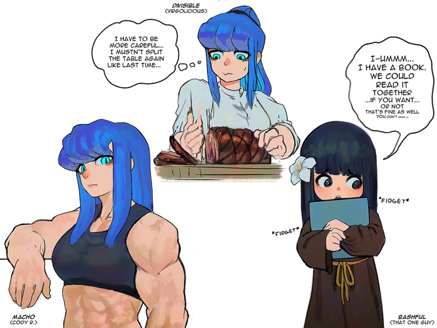 1girl abs asymmetrical_bangs black_eyes blue_eyes blue_hair bob_(wafferscotch) boned_meat chop english_text food food_focus long_hair meat multiple_girls muscular open_mouth original ponytail raw_meat scular_female simple_background teeth wafferscotch white_hair