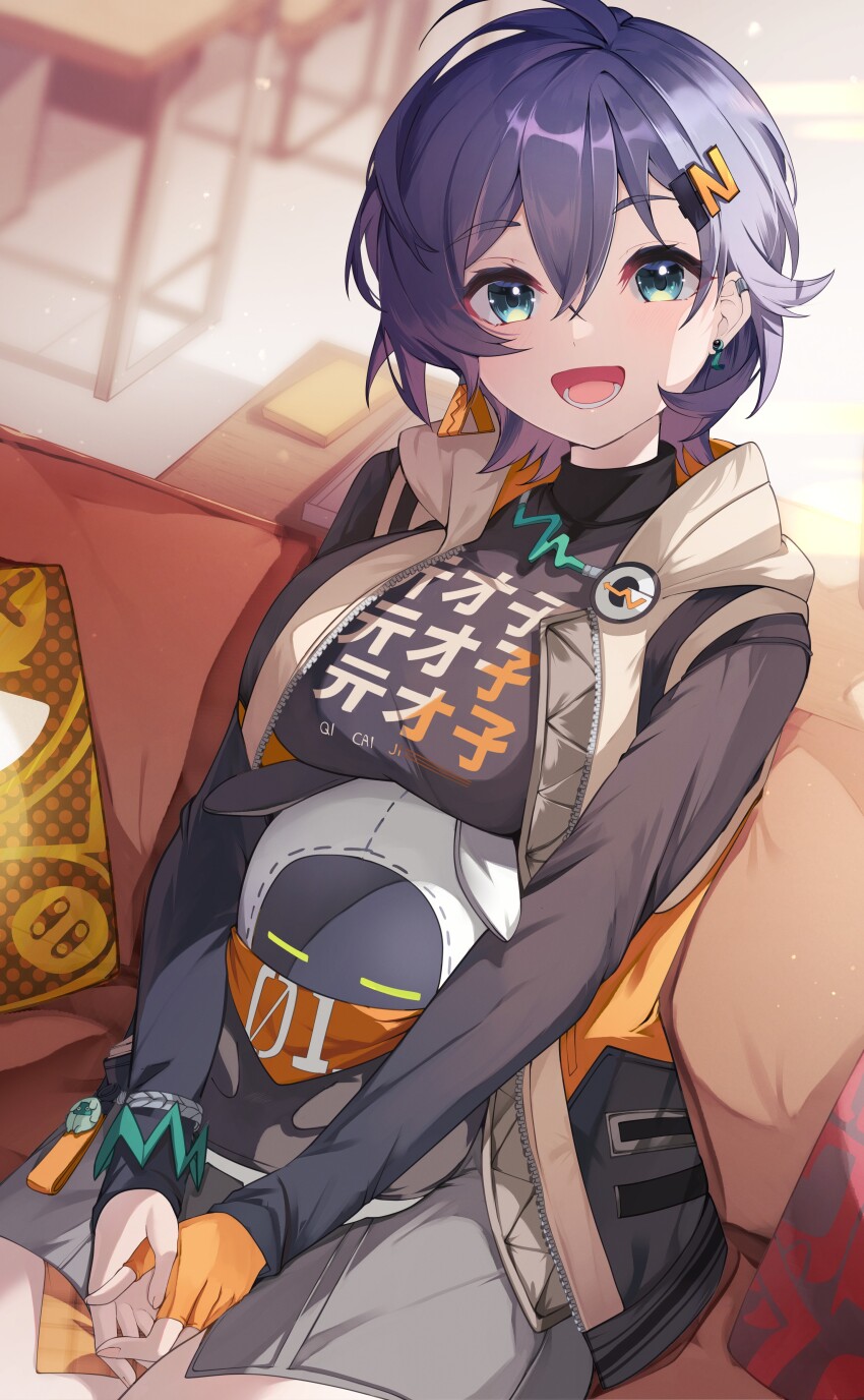 1girl absurdres belle_(zenless_zone_zero) belt black_shirt blue_hair blush breasts earrings fingerless_gloves gloves green_eyes grey_shirt hair_between_eyes hair_ornament hairclip highres jacket jewelry large_breasts long_sleeves looking_at_viewer open_mouth orange_belt orange_gloves orange_socks risumi_(taka-fallcherryblossom) shirt short_hair single_fingerless_glove sitting sleeveless sleeveless_jacket smile socks zenless_zone_zero