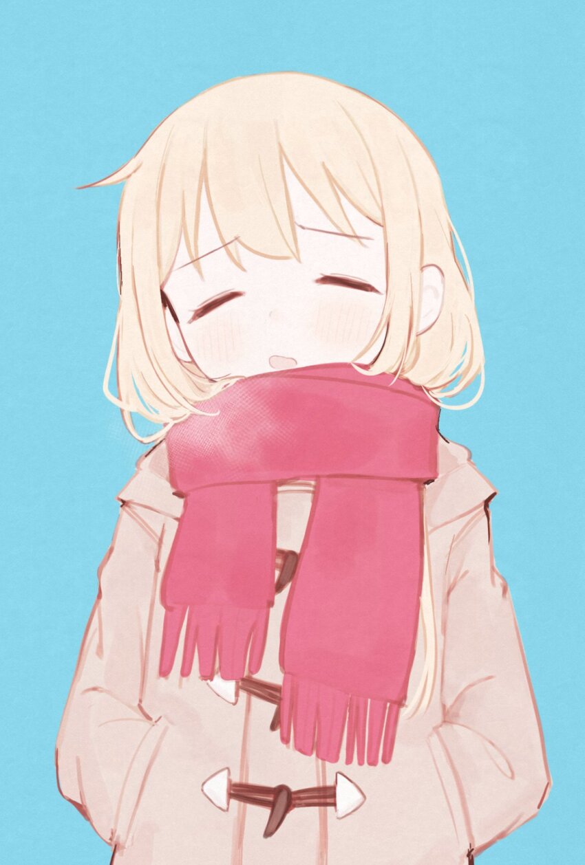 1girl blonde_hair blue_background blush breath closed_eyes coat facing_viewer futaba_anzu highres idolmaster idolmaster_cinderella_girls long_sleeves red_scarf scarf simple_background solo tsuchi_(sh_spica1) upper_body