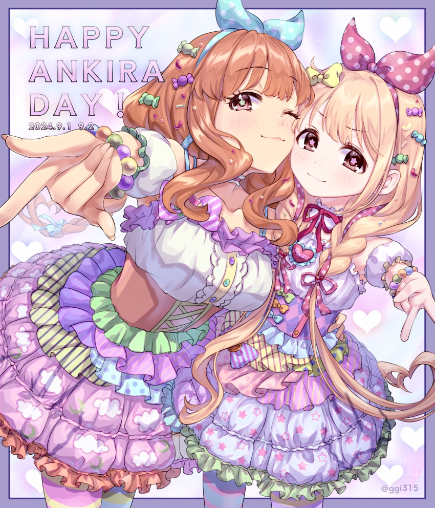 2girls ;) \m/ absurdres beads blonde_hair blush candy_hair_ornament center_frills corset dated fingernails food-themed_hair_ornament frilled_skirt frills futaba_anzu ggi315 gyaru_v hair_ornament happy_birthday heads_together heart heart_background highres idolmaster idolmaster_cinderella_girls layered_skirt long_hair looking_at_viewer moroboshi_kirari multiple_girls one_eye_closed orange_hair pantyhose polka_dot_hairband skirt smile star_(symbol) star_in_eye striped_clothes striped_pantyhose symbol_in_eye twitter_username v very_long_hair